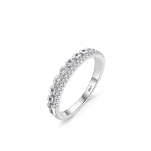 S925 Sterling Silver Double Layer Chain Link Ring With Zirconia For Women Stackable Fashion Joint Finger Jewelry Gift