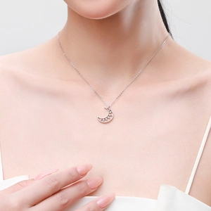 S925 sterling silver crescent moon necklace with zircons on elegant female neck