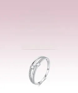 Macro shot of S925 sterling silver stamp on minimalist double-layered zircon ring
