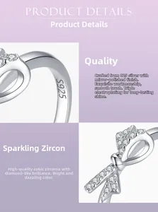 Close-up of S925 sterling silver bow ring with cubic zirconia inlay and mirror polishing