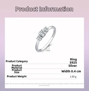 Macro detail of S925 sterling silver three-stone ring weighing 1.60g with 1.5mm band