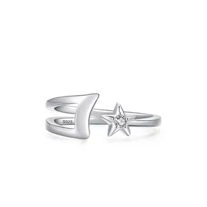 S925 Sterling Silver Star And Moon Open Ring For Women Adjustable Zirconia Inlaid Elegant Minimalist Finger Jewelry Gift