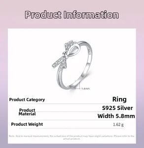 S925 sterling silver bow ring with micro-paved zircons and 1.62g weight details