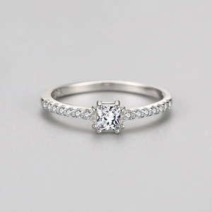 925 silver square cut zirconia engagement ring with pavé side stones on high polished band