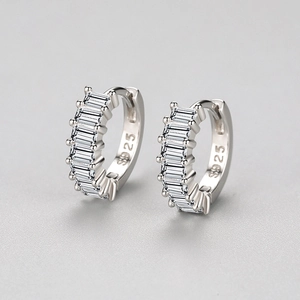 S925 sterling silver hoop earrings with rectangular cubic zirconia in a minimalist style