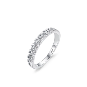 S925 sterling silver chain link ring with micro-paved diamonds in a minimalist style