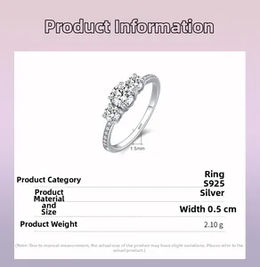 Macro shot of S925 sterling silver three-stone engagement ring with detailed dimensions
