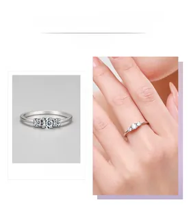 Detailed view of s925 silver three-stone ring featuring round brilliant cut zirconia