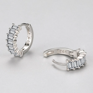 S925 sterling silver hoop earrings with rectangular cubic zirconia pave setting