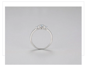 Macro detail of 925 silver ring featuring three-stone prong setting with brilliant zircons