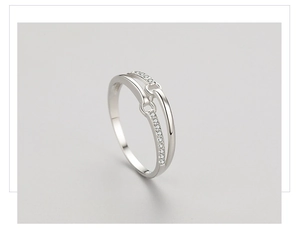 Detail of S925 silver double-layer ring with micro-pave white crystals and linked design