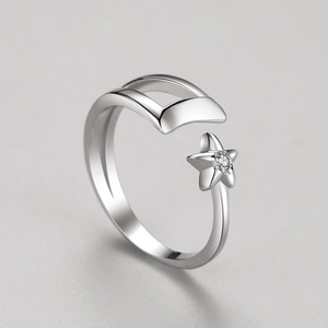 Minimalist S925 sterling silver moon star open ring with sparkling zircon stone