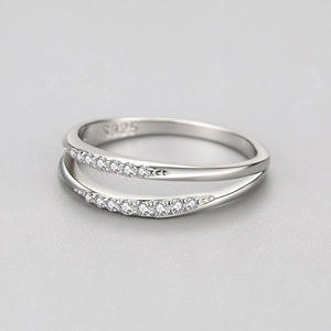 Minimalist double-layer S925 sterling silver ring with micro-pave white zircon stones