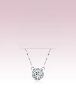 Detailed close-up of a halo pendant s925 silver necklace with brilliant sparkling zircon