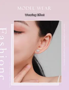 Detail showing the flower stud earring with sparkling crystals on a female model's ear