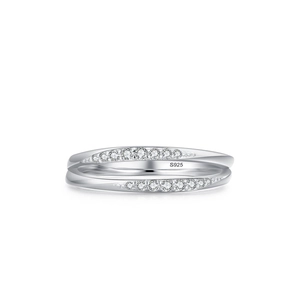 Minimalist S925 sterling silver double overlapping ring with pave set white cubic zirconia