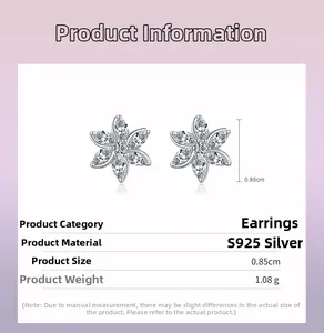 Macro detail of S925 silver flower stud earrings with dimensions and weight info