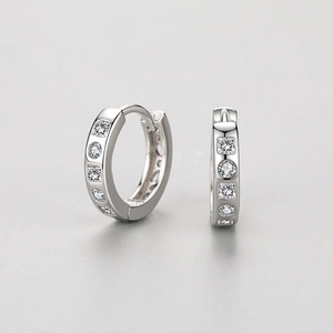 S925 sterling silver hoop earrings with alternating square and round clear crystals