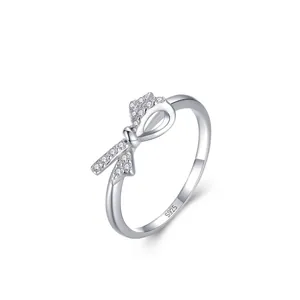 925 Sterling Silver Bowknot Ring For Women Sweet Fresh Style Micro Pavé Rhinestone Adjustable Finger Ring Fashion Jewelry Gift