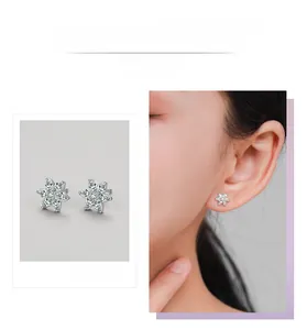 Detail view and model wearing sparkling s925 silver flower stud earrings with zircons