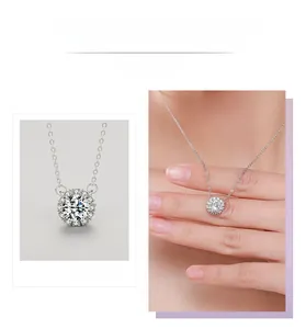 Macro detail of S925 silver necklace featuring a sparkling halo zircon pendant and O-chain