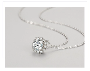 Macro detail of S925 sterling silver halo necklace featuring a brilliant round zircon stone