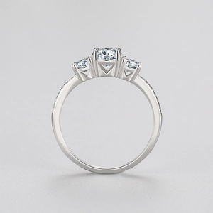 Classic 925 sterling silver three-stone zircon ring with micro-paved side diamonds
