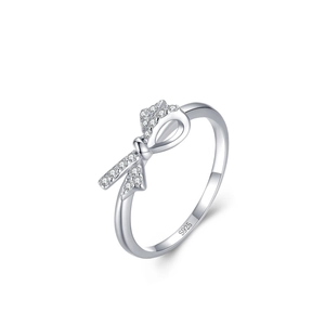 Elegant S925 sterling silver bow ring with shimmering pave zircons on white background