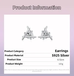 Macro detail of S925 sterling silver triangle stud earrings with shiny zircon stone