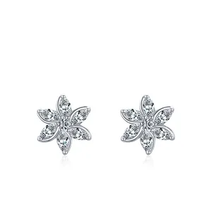 925 Sterling Silver Flower Stud Earrings For Women Pave Rhinestone Floral Star Shaped Elegant Jewelry Small Petal Earrings