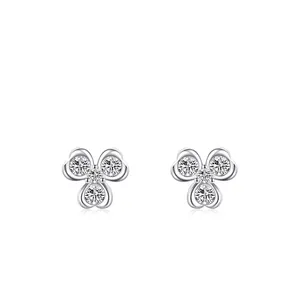 925 Sterling Silver Clover Stud Earrings For Women Small Simple Floral Rhinestone Earrings Valentine Day Gift Jewelry
