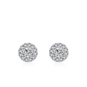 Elegant 925 Sterling Silver Round Halo Stud Earrings For Women Shiny Rhinestone Inlaid Geometric Wedding Party Jewelry Gift
