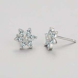 Elegant S925 silver flower stud earrings with sparkling marquise cut zircons