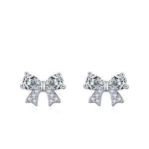 925 Sterling Silver Bowknot Stud Earrings Shiny Zirconia Paved Bow Earrings For Women Sweet Temperament Jewelry Gift