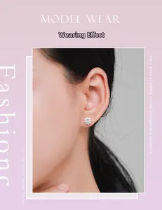 Detailed view of S925 sterling silver flower stud earrings worn on a model