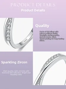 Vue macro de bague en argent S925 polie avec pavage de zircons et gravure de poinçon