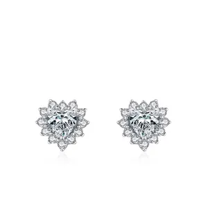 Boucles d'Oreilles Clous Coeur en Argent Sterling 925 Mode Zirconia Incrusté Coeur Halo Boucles d'Oreilles Femme Bijoux Cadeau