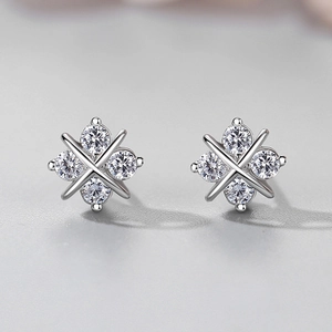Minimalist S925 sterling silver X-shaped stud earrings with sparkling white cubic zirconia