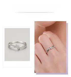 Detail of s925 silver double-layer knot ring with micro-pave cubic zirconia stones
