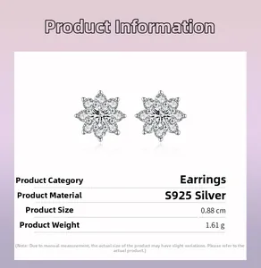 Detail showing S925 silver snowflake earrings with zirconia inlay and dimensions