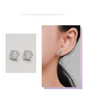 Détail des boucles d'oreilles carrées en argent 925 avec diamant central et pavage chic
