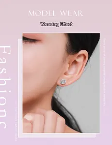 Wearing effect of geometric S925 sterling silver halo stud earrings with sparkling diamonds