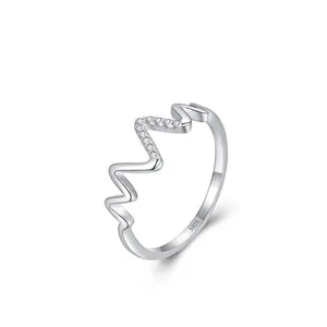 925 Sterling Silver Wave Ring For Women Micro Inlaid Zirconia Heartbeat Finger Ring Fashion Minimalist Jewelry Gift