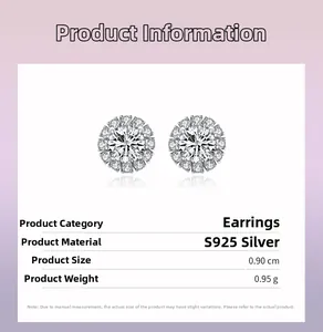 Detail view of S925 silver halo stud earrings showing 0.90cm size and weight specs