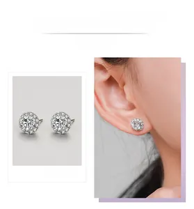 Macro view of S925 sterling silver halo stud earrings with round cut crystals on model