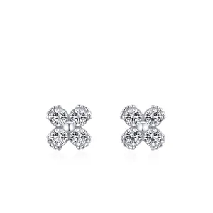 Perno in Argento Sterling 925 Orecchini a Bottone Floreali per Donna Con Strass Intarsiati Fiore Quadrifoglio Gioielli