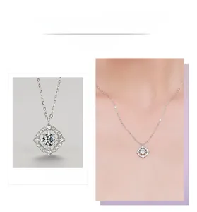 Detail of s925 silver geometric square pendant necklace with pavé set cubic zirconia