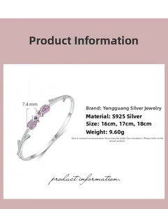 Detailed view of S925 silver rose branch bracelet with pink zircon and 7.4mm floral inlay