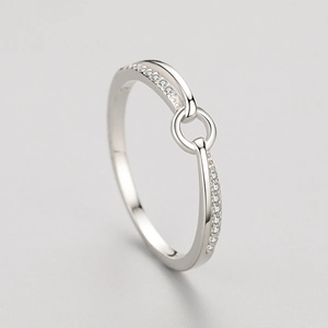 Minimalist S925 sterling silver ring with interlocking geometric bands and micro-set zircons