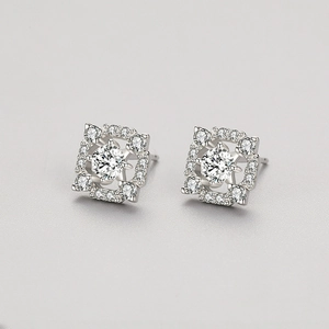 Boucles d'oreilles en argent S925 avec halo carré géométrique et pierre ronde centrale